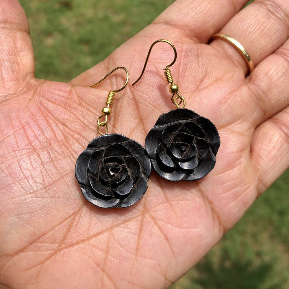Ebony Wood Rose Flower Carved Handmade Earrings 45 mm length, D 1