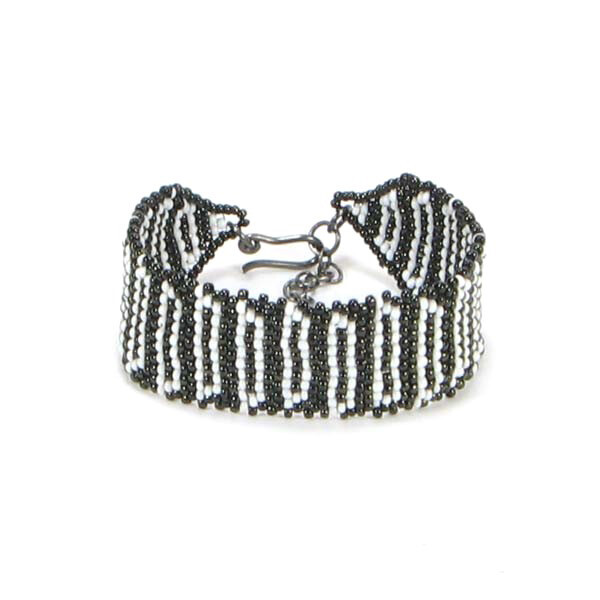 Black White Seed Bead Beaded Bracelet Soft 1 Inch Cuff