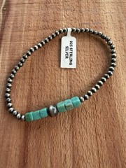 925 Sterling Silver Beaded Bracelet w/ Turquoise Cube Beads Ball Chain