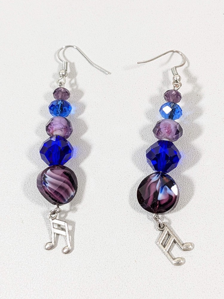 Artisan Blue Purple Art Glass Music Note Charm Stacked Bead Dangle Earrings