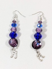 Artisan Blue Purple Art Glass Music Note Charm Stacked Bead Dangle Earrings