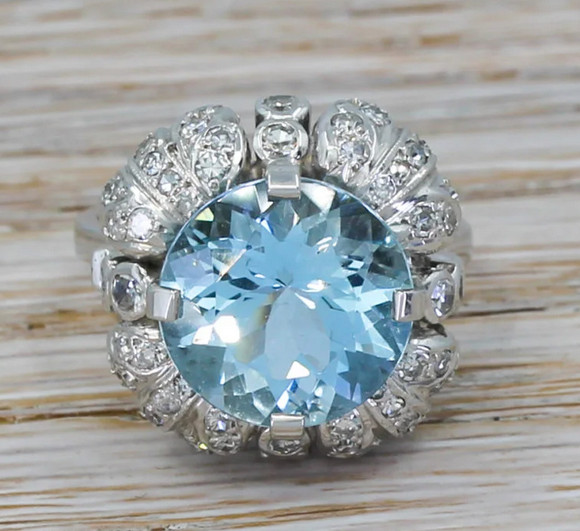 Late 20th Century 5.60 Carat Round Cut Aquamarine & Old Mine Cut CZ Women’s Ring