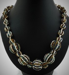 Handmade Necklace GLASS BEADS BRONZE GOLD BLUE KHAKI BEIGE Beaded Ball 24 in Adj