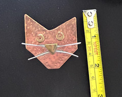 Darling & Unique Artisan Copper Cat Face w/Brass Whiskers Brooch Pin