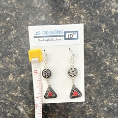 JS Designs Handcrafted Silver Tone Red Triangle Dangle Earrings Hook