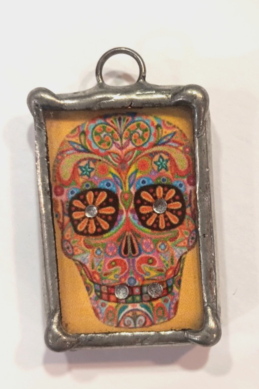 OOAK Psychedelic Skull Handmade Pewter & Glass Pendant