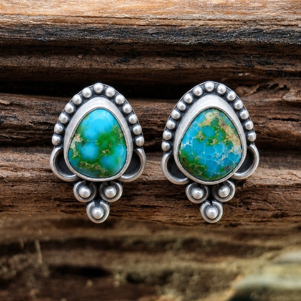 Sonoran Gold Turquoise Sterling Silver Stud Earrings Southwestern Native Style