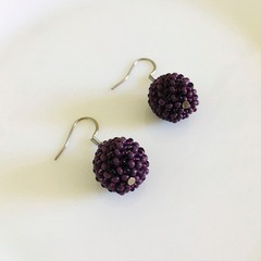 Plum Purple Beaded Ball Earrings Handmade Seed Bead Sphere Bon Bon Jewelry