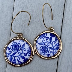 Min Favorit Blue White Porcelain Floral & Gold Pl Artisan Large Drop Earrings