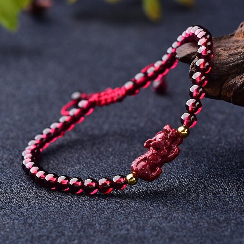 Natural Garnet 4mm Round Bead Pixiu Fengshui Wealth Healing Luck Women Bracelet