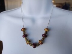Hand crafted necklace in brown glass beads, bronze spacers & silver chain