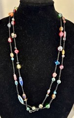 Boho Style Hand Blown Glass Bead Necklace Multicolor Long 62”