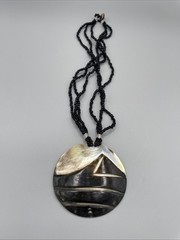 Hand Carved Horn Pendant Necklace Black Beaded Multi Strand Boho Tribal Statemen