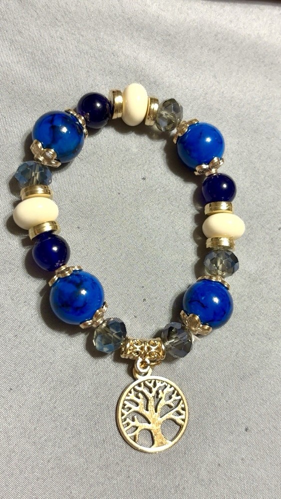 Beaded Bracelet Blue White Agate Gold Metal Tree of Life Charm 7″ Gift