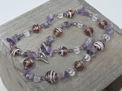 Purple Venetian Murano Glass, Clear Crystal, Amethyst Chip Beaded Necklace 20″