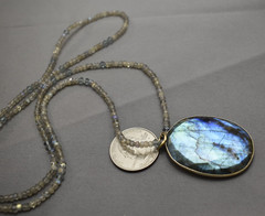 Labradorite Pendant on Same Bead & Crystal Necklace 28″ Gold Tone Metal