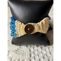 Handmade Blue Seed Bead Strand Bracelet Crochet 1961 Coin Button Boho 8″