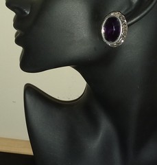 Vintage Artisan Baroque Aged Silver Tone Amethyst Purple Statement Post Earring