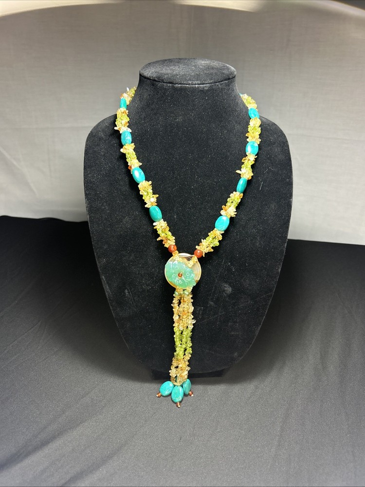 Handcrafted Boho Gemstone Lariat: Peridot Citrine Turquoise Flower Pendant 101