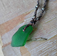 Green Sea Glass Necklace Gift Men Women Artisan Cotton Braid Handmade