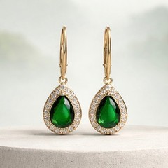 Lab Made Emerald Earrings 18k Gold Vermeil , May Birthstone