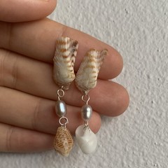 Handcrafted Shell Stone Beaded Dangle Earrings White Brown Beach Post