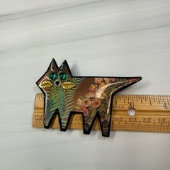 Handmade Floral Cat Brooch Green Gem Eyes Gold Leaf Whiskers Glossy Folk Art Pin