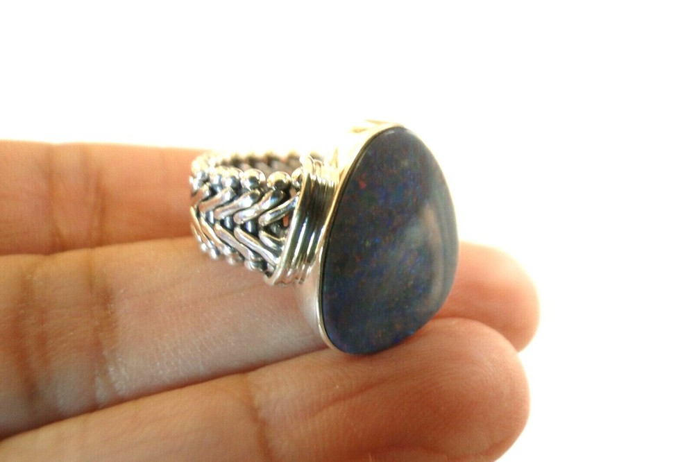 Blue Australian Opal Solitaire 925 Sterling Silver Ring Size 8