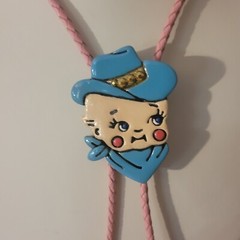 Handmade Hand-Painted Kewpie Cowboy Bolo Tie – Blue & Pink – Western Kitsch Art