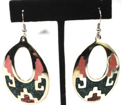 Lovely Mexico Chip Inlay Turquoise & Enamel Alpaca Nickle Silver Dangle Earring