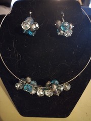 Handcrafted Blue Beaded Cuff Necklace And Drop Earrings Jewelry Set