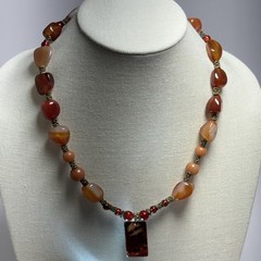 Artisan Carnelian Agate Statement Necklace 20″ Chunky Bead Boho Pendant