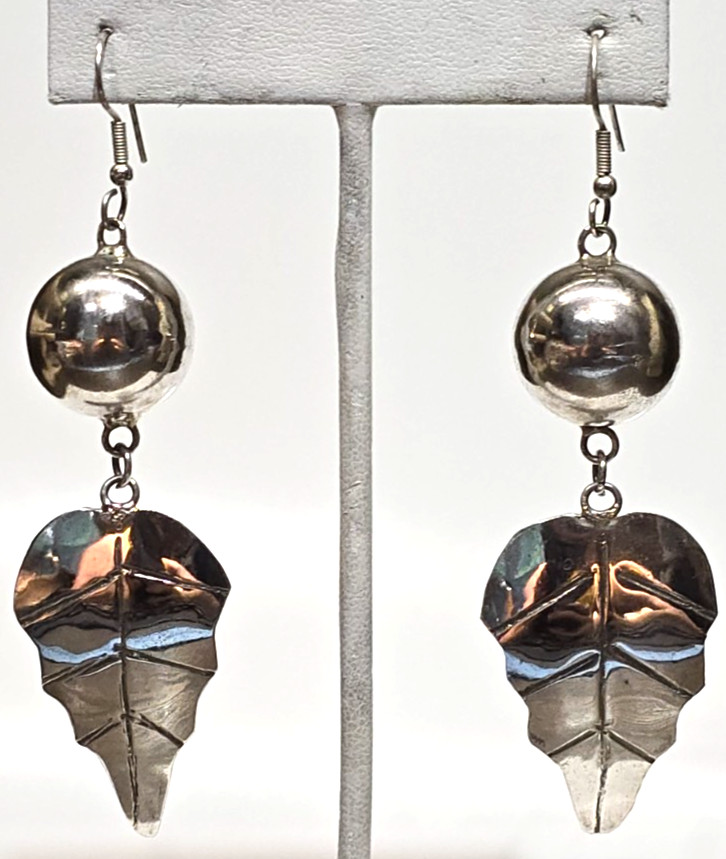 Artisan Made Long Silver Plated Dangle Earrings Ball Leaf