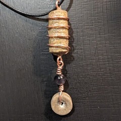 Artisan Copper Wire Wrapped Crinoid Fossils and Cats Eye Bead Necklace