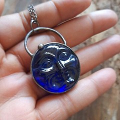 Vintage glass bohemian Moon face necklace celestial moon phase gothic rustic