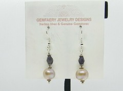 Sterling Silver CULTURED PEARL & IOLITE Dangle Earrings #1527…Handmade USA