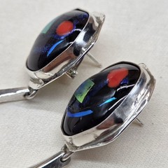 Sterling Silver 925 Mosaic Enamel Metallic Colorful Dangle Statement Earrings