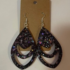 Handmade epoxy resin dangle earrings – very dark purple glitter w/ silver flecks