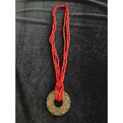 Triple Strand Red Coral Seed Bead Necklace Etched Circle Horn Pendant Boho Beach