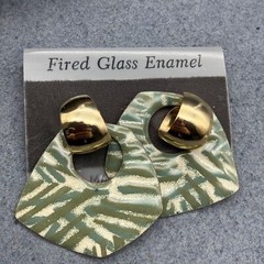 Dangle Hoop Pierced Earrings Fired Glass Enamel Gold Cream Olive Green Retro