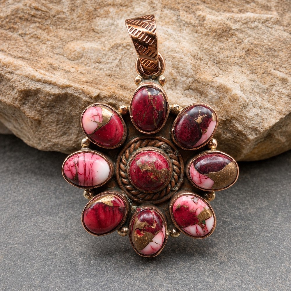 Red Dahlia Turquoise Cluster Pendant Solid Copper Southwestern 1 3/4″ Boho Style