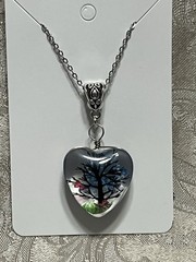 Pendant Nature Flower Tree Lacework Glass Two Sided Silver 18” Boho Necklace