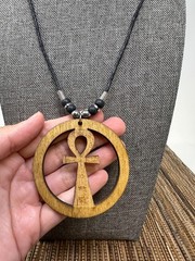 Handmade Ankh Necklace, Light Brown Wood Pendant, 18″ Lobster Clasp, Egyptian