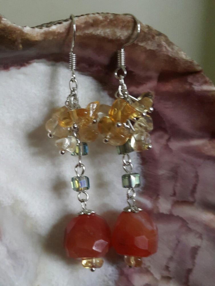 Natural Untreated Carnelian Citrine Crystal Quartz Silver Plated Earrings