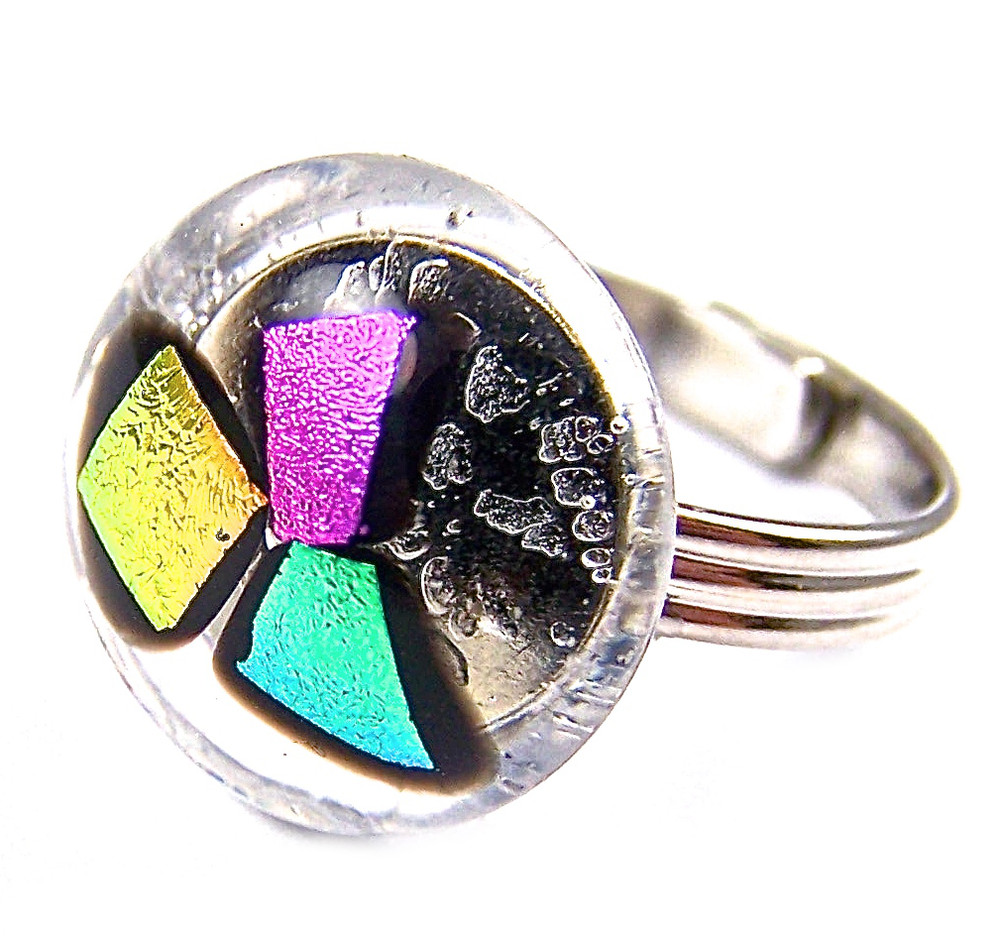 Dichroic Glass RING Adjustable Pink Orange Green Recycled Clear Round 1/2″ 15mm