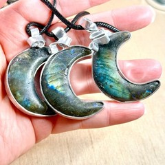Labradorite Crescent Moon Wire Wrapped Pendant on Black Cord, Handmade – 24″