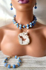 Agate Druzy Chunky Statement Double Strand Blue Gold Necklace Earrings Bracelet