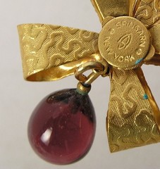 Spingarn NY Satin Textured Gold Tone Ribbon Bow Flower w/Amethyst Drop Earrings