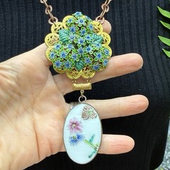 Adorned Crown Jewelry assemblage vintage blue rhinestone ceramic drop necklace
