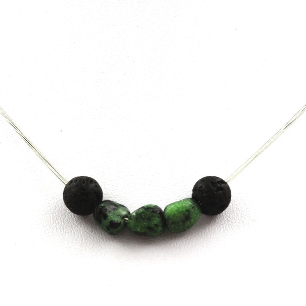 stones And Minerals. Lava Bead Necklace 8 Mm + Epidote From Myanmar (Burma) C